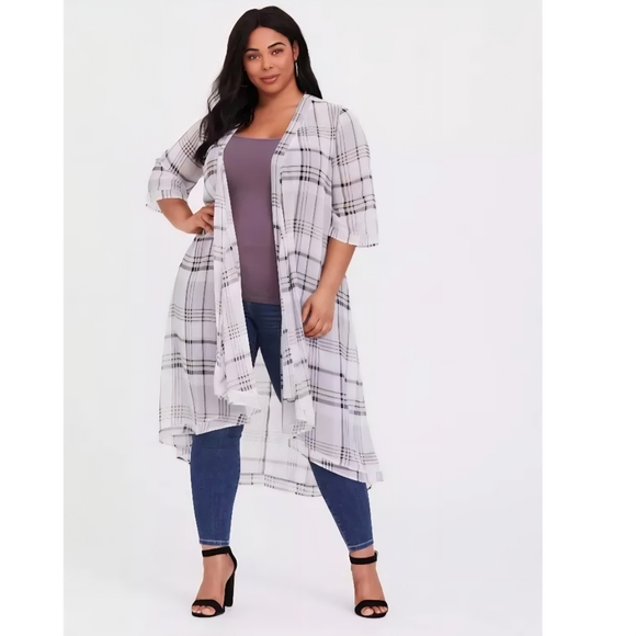 Torrid Chiffon Maxi High Low Kimono Duster Women’s Plus Size 00/0 Plaid Sheer. - Picture 1 of 8